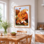 Autumn animals sleeping by pumpkin cross stitch artwork displayed on wall as home decor