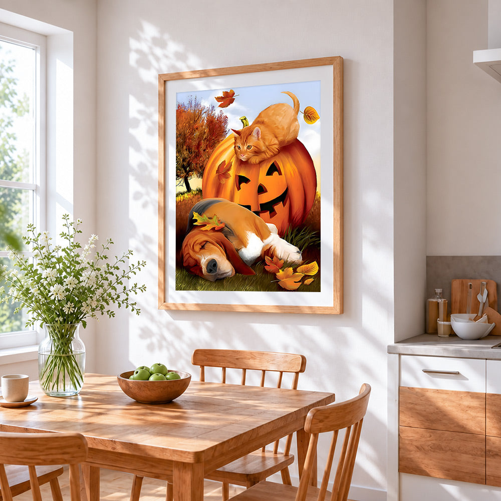 Autumn animals sleeping by pumpkin cross stitch artwork displayed on wall as home decor