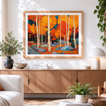 Finished autumn birch forest paint by numbers artwork displayed as home decor