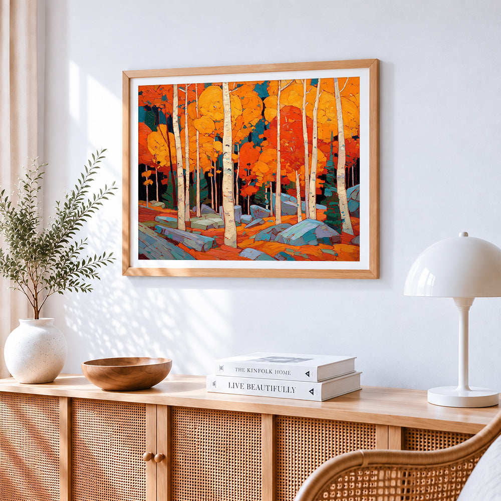 Autumn birch forest paint by numbers artwork displayed on wall as home decor