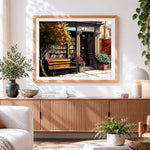 Finished autumn bookshop and bench paint by numbers artwork displayed as home decor