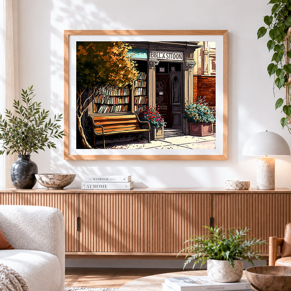 Finished autumn bookshop and bench paint by numbers artwork displayed as home decor