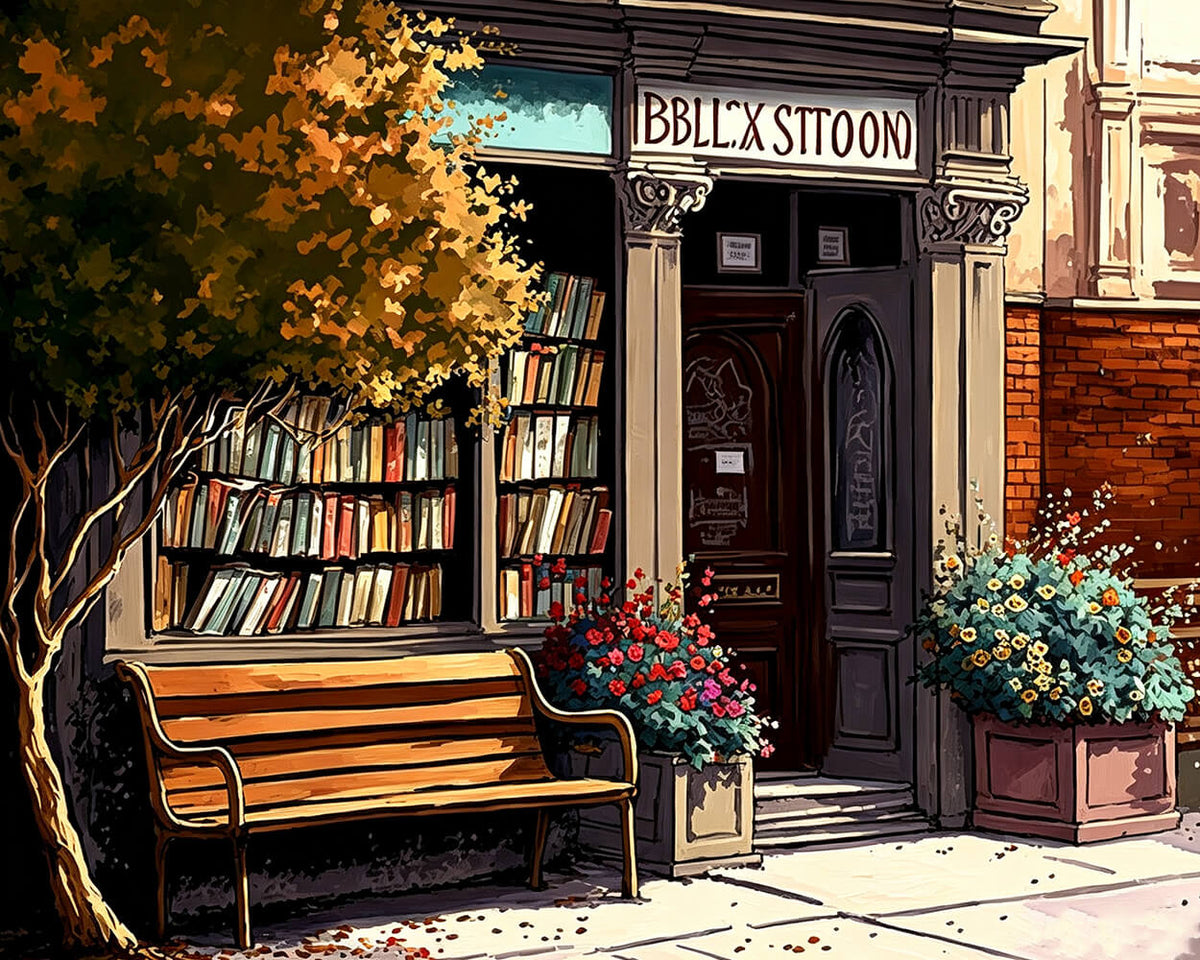Autumn bookshop and bench paint by numbers kit for beginners