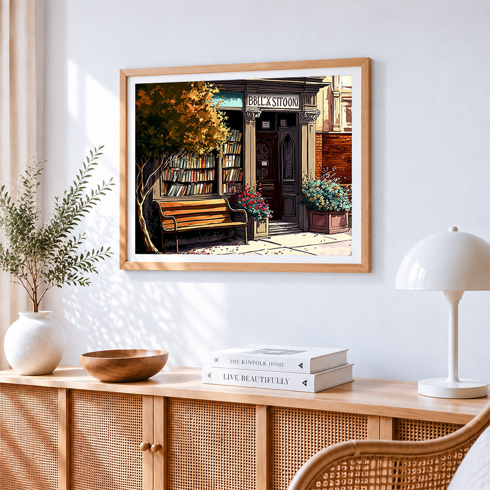 Autumn bookshop and bench paint by numbers artwork displayed on wall as home decor