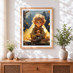 Finished autumn boy with little friend cross stitch artwork displayed