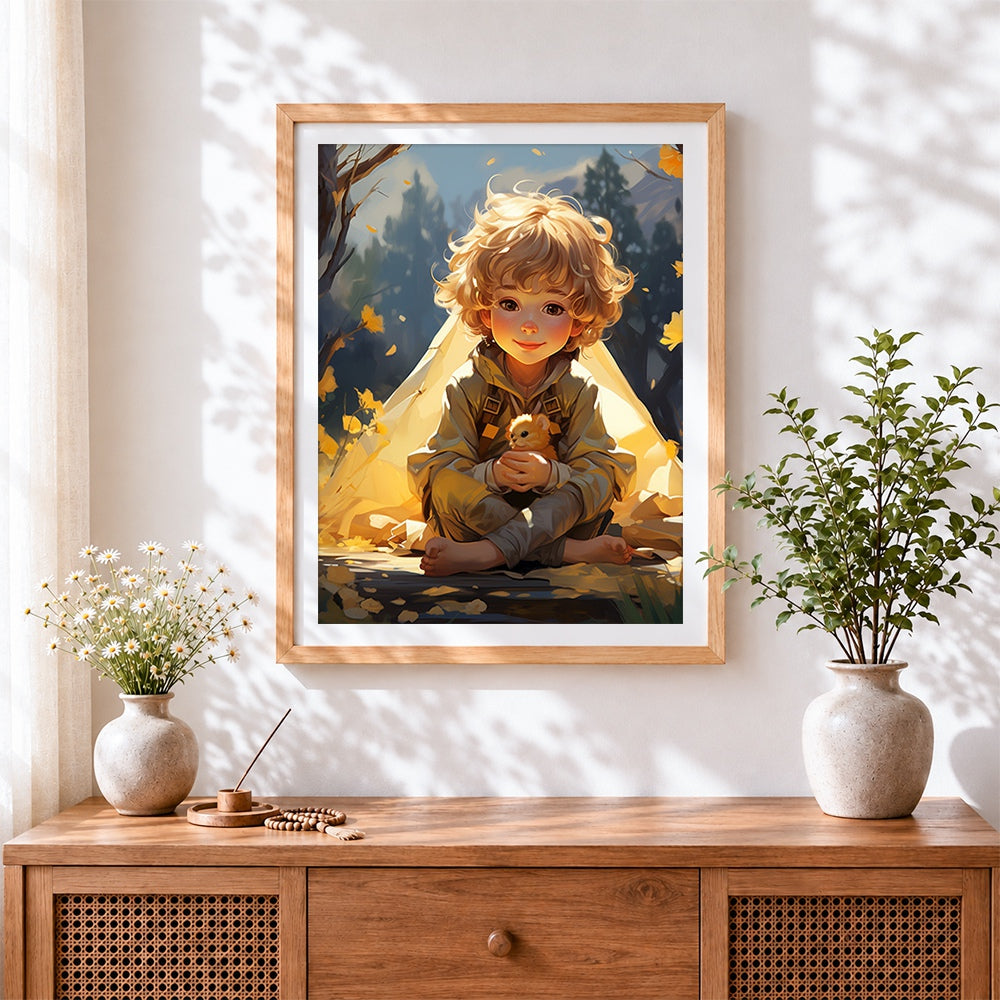 Finished autumn boy with little friend cross stitch artwork displayed
