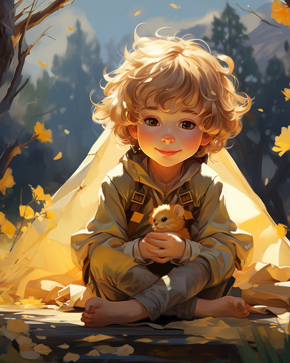 Autumn boy with little friend cross stitch kit for beginners