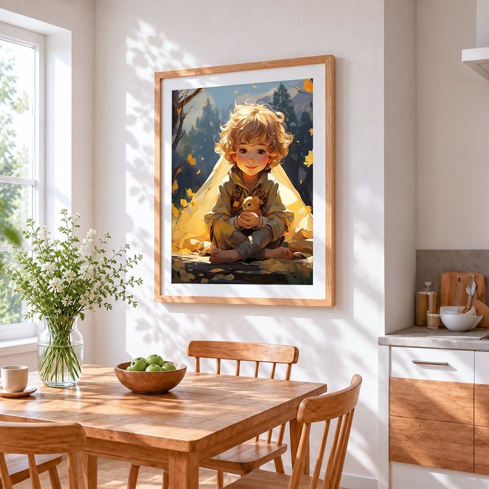 Autumn boy with little friend cross stitch artwork displayed on wall as home decor