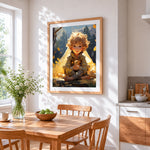 Autumn boy with little friend cross stitch artwork displayed on wall as home decor