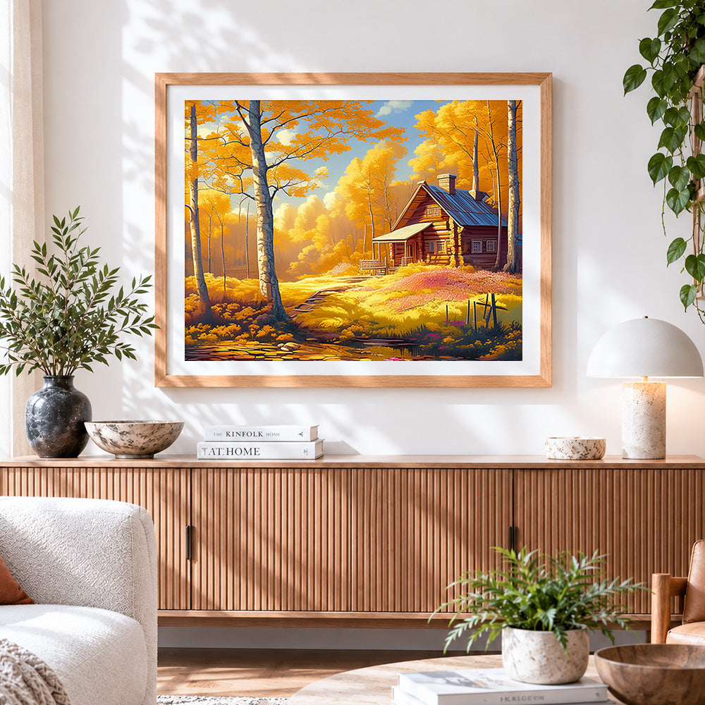 Finished autumn cabin and birch forest cross stitch artwork displayed