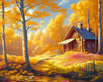 Autumn cabin and birch forest cross stitch kit for beginners