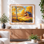 Finished autumn cabin and birch forest paint by numbers artwork displayed as home decor
