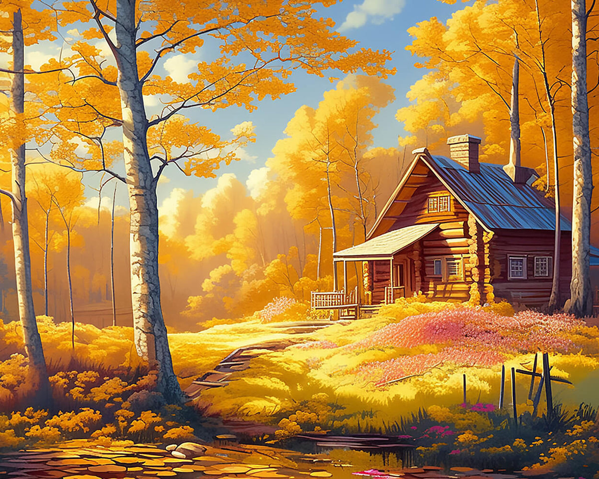 Autumn cabin and birch forest paint by numbers kit for beginners