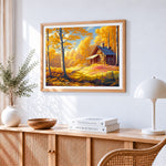 Autumn cabin and birch forest paint by numbers artwork displayed on wall as home decor