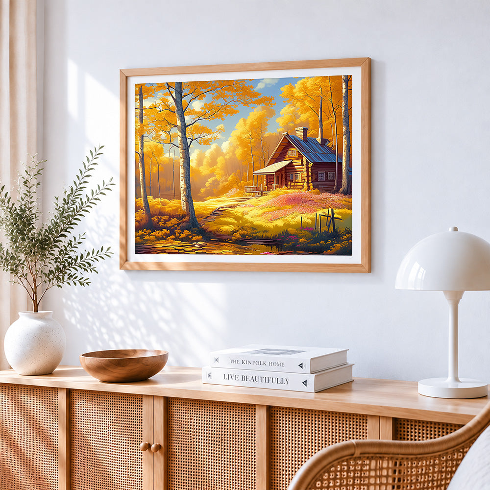 Autumn cabin and birch forest paint by numbers artwork displayed on wall as home decor