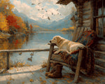 Autumn cabin and golden retriever cross stitch kit for beginners