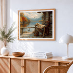 Autumn cabin and golden retriever cross stitch artwork displayed on wall as home decor