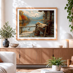Finished autumn cabin and golden retriever paint by numbers artwork displayed as home decor