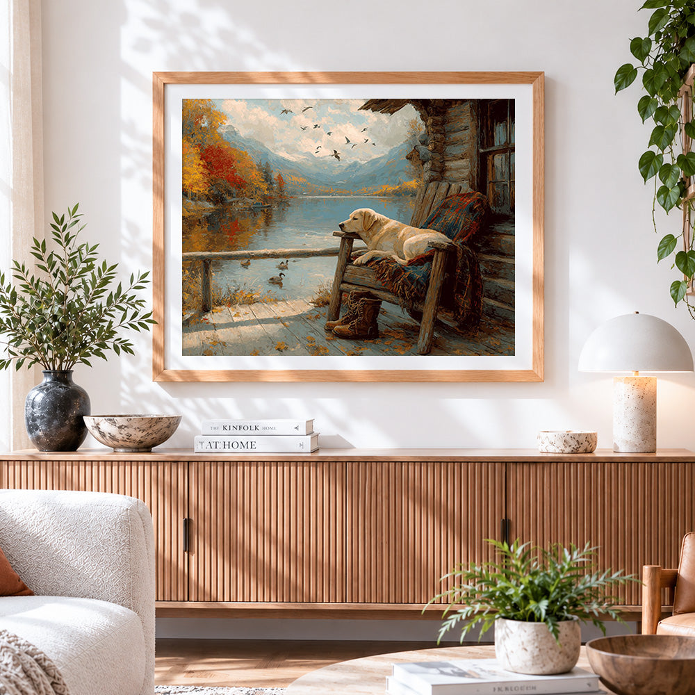 Finished autumn cabin and golden retriever paint by numbers artwork displayed as home decor