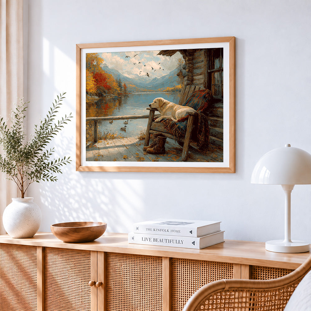 Autumn cabin and golden retriever paint by numbers artwork displayed on wall as home decor