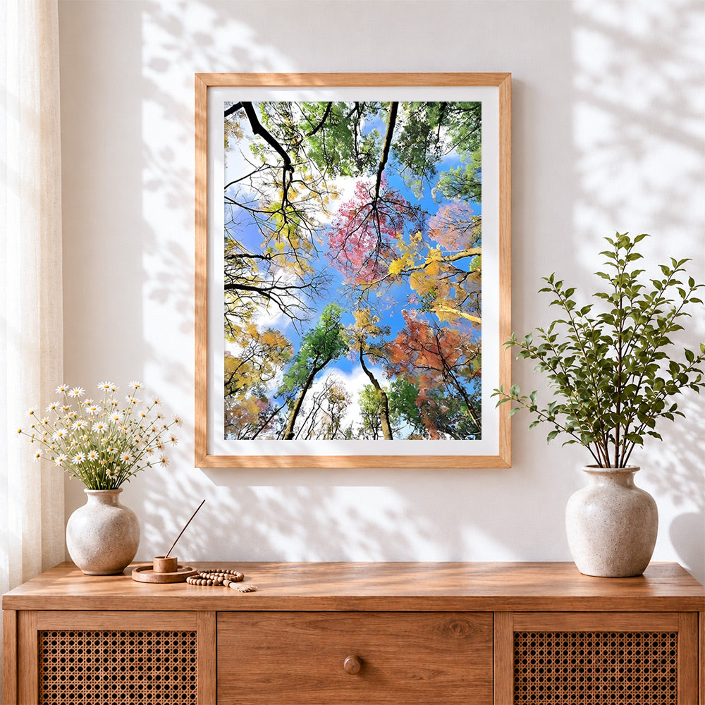 Finished autumn canopy view cross stitch artwork displayed