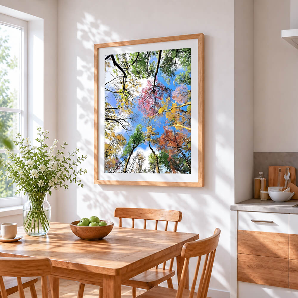 Autumn canopy view paint by numbers artwork displayed on wall as home decor