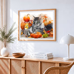 Autumn cat cockatiel and pumpkins paint by numbers artwork displayed on wall as home decor