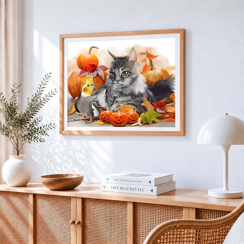Autumn cat cockatiel and pumpkins paint by numbers artwork displayed on wall as home decor