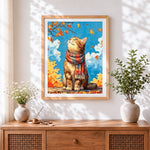 Finished autumn cat with cosy scarf cross stitch artwork displayed