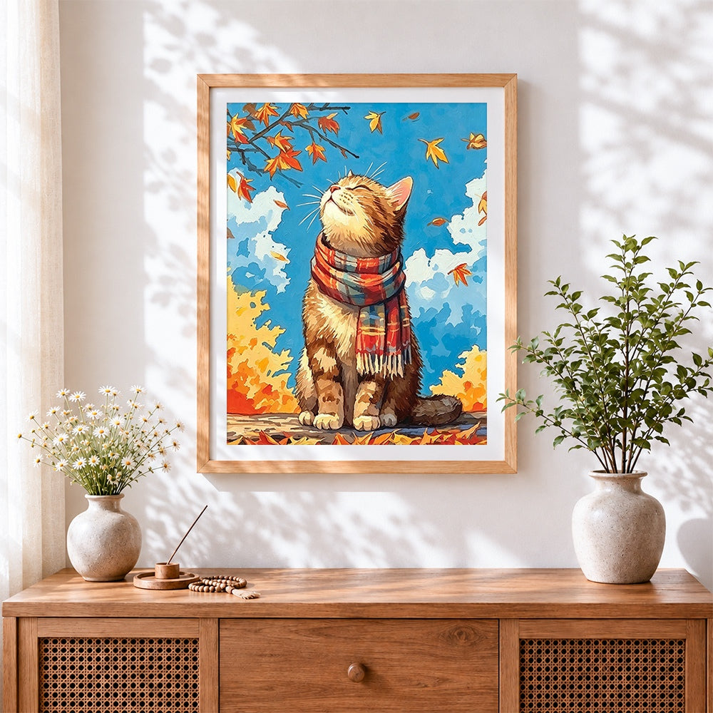Finished autumn cat with cosy scarf cross stitch artwork displayed