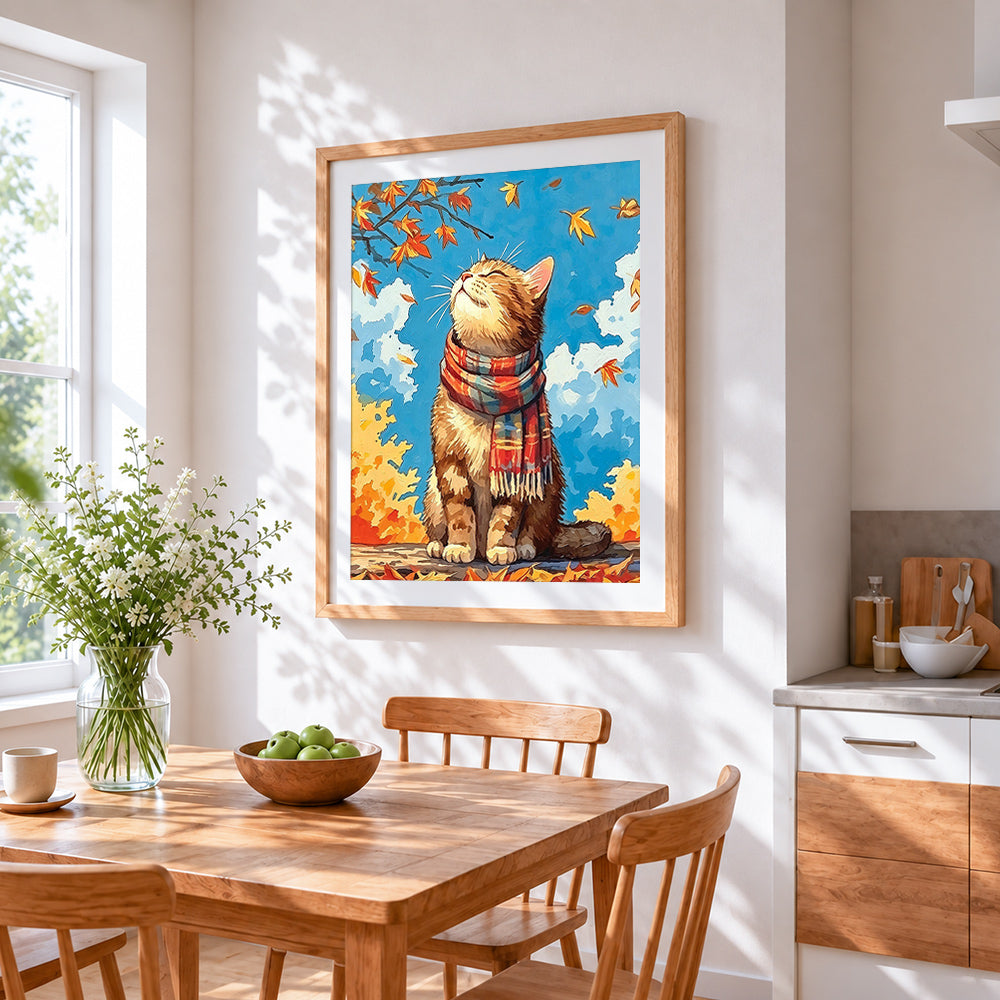 Autumn cat with cosy scarf cross stitch artwork displayed on wall as home decor