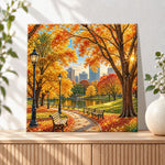 Finished autumn city park scenery pearl diamond painting artwork displayed as holiday home decor