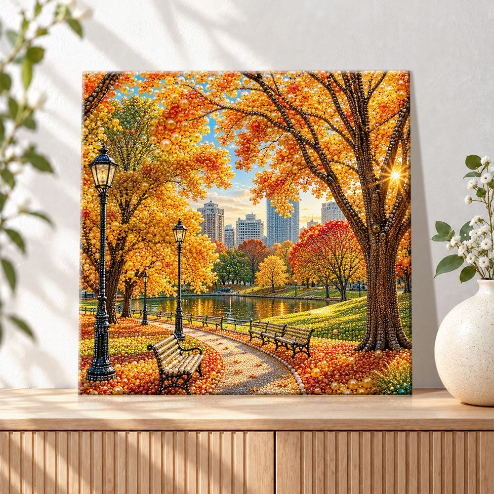 Finished autumn city park scenery pearl diamond painting artwork displayed as holiday home decor
