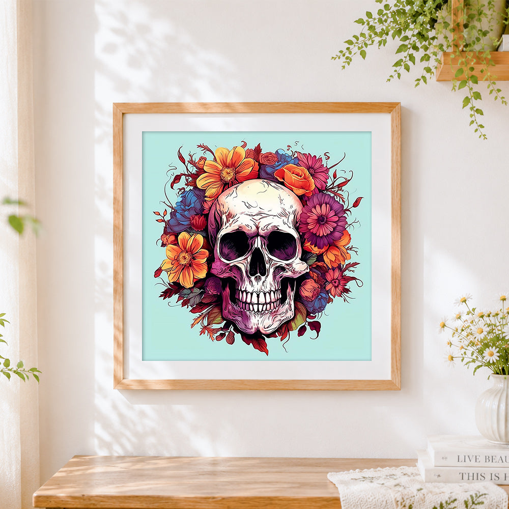 Finished autumn colourful floral skull cross stitch artwork displayed