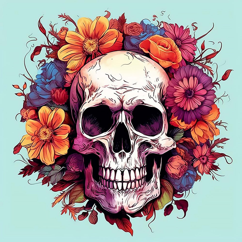 Autumn colourful floral skull cross stitch kit for beginners