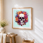 Autumn colourful floral skull cross stitch artwork displayed on wall as home decor