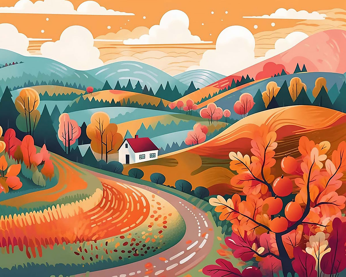 Autumn cottage and winding road cross stitch kit for beginners