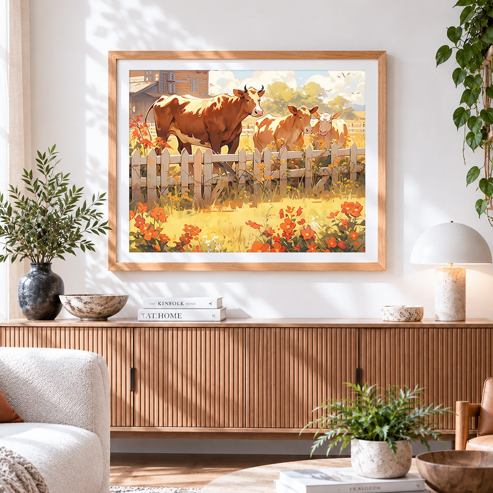 Finished autumn farm cows cross stitch artwork displayed