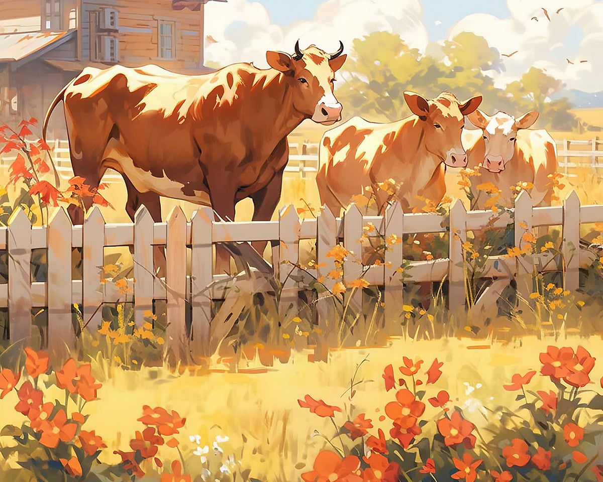 Autumn farm cows cross stitch kit for beginners