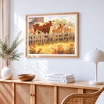 Autumn farm cows cross stitch artwork displayed on wall as home decor