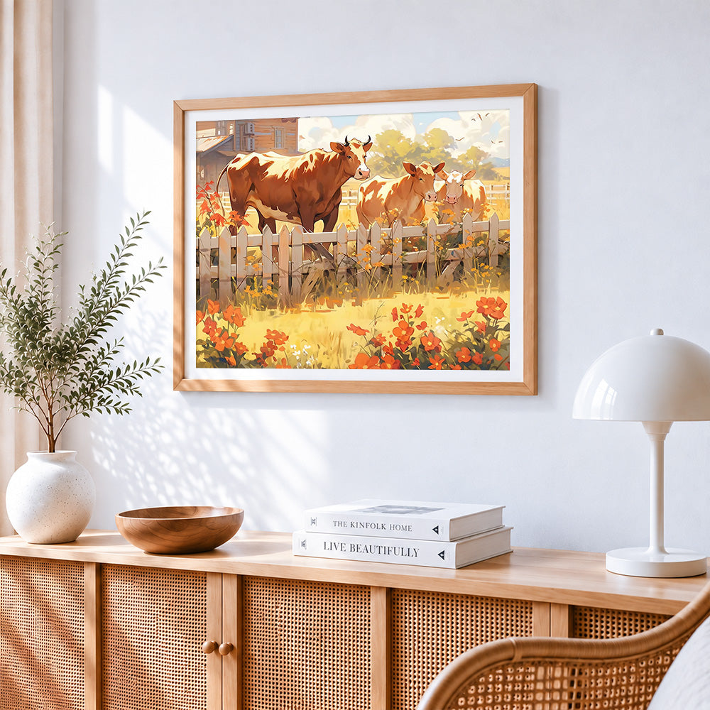 Autumn farm cows cross stitch artwork displayed on wall as home decor