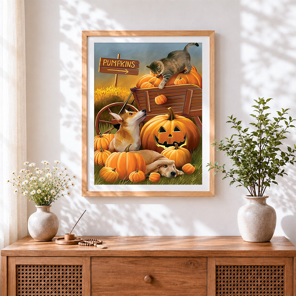 Finished autumn farmyard animals with pumpkin cart cross stitch artwork displayed