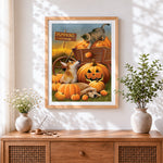 Finished autumn farmyard animals with pumpkin cart cross stitch artwork displayed