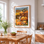 Autumn farmyard animals with pumpkin cart cross stitch artwork displayed on wall as home decor