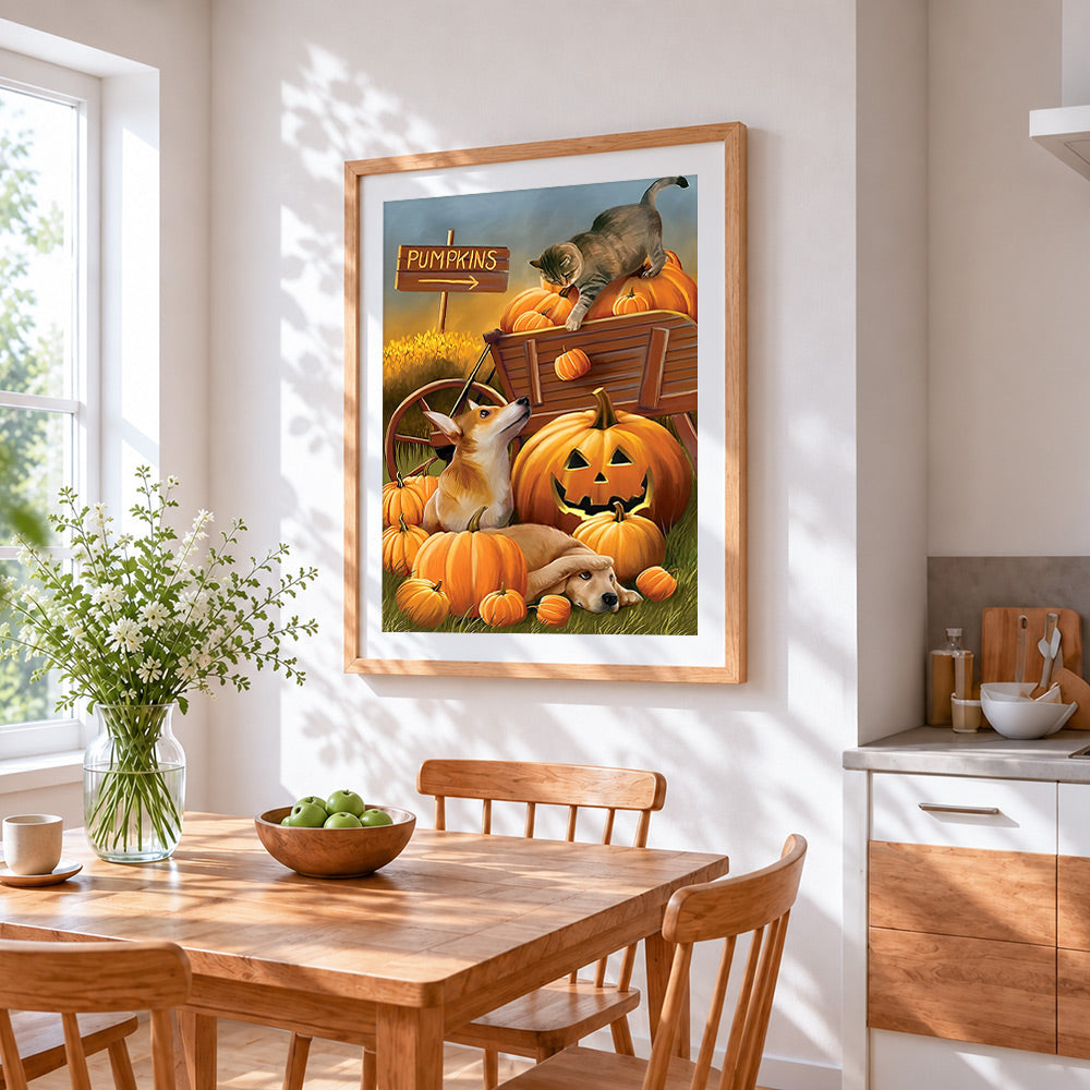 Autumn farmyard animals with pumpkin cart cross stitch artwork displayed on wall as home decor