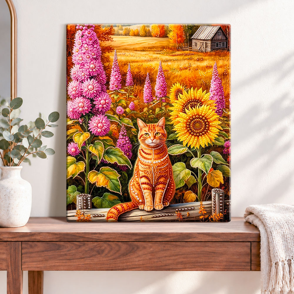 Finished autumn field feline pearl diamond painting artwork displayed as home decor