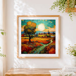 Finished autumn fields and turquoise skies cross stitch artwork displayed