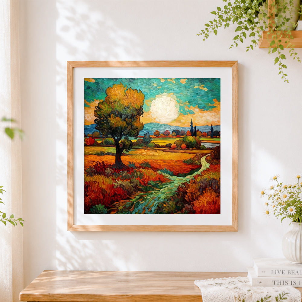 Finished autumn fields and turquoise skies cross stitch artwork displayed