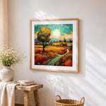 Autumn fields and turquoise skies cross stitch artwork displayed on wall as home decor