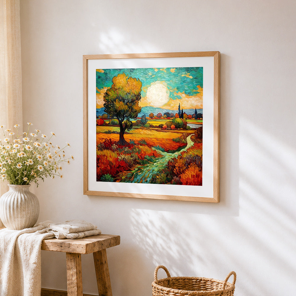Autumn fields and turquoise skies cross stitch artwork displayed on wall as home decor